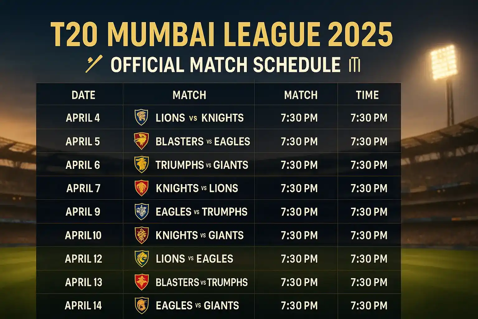 T20 Mumbai League Schedule