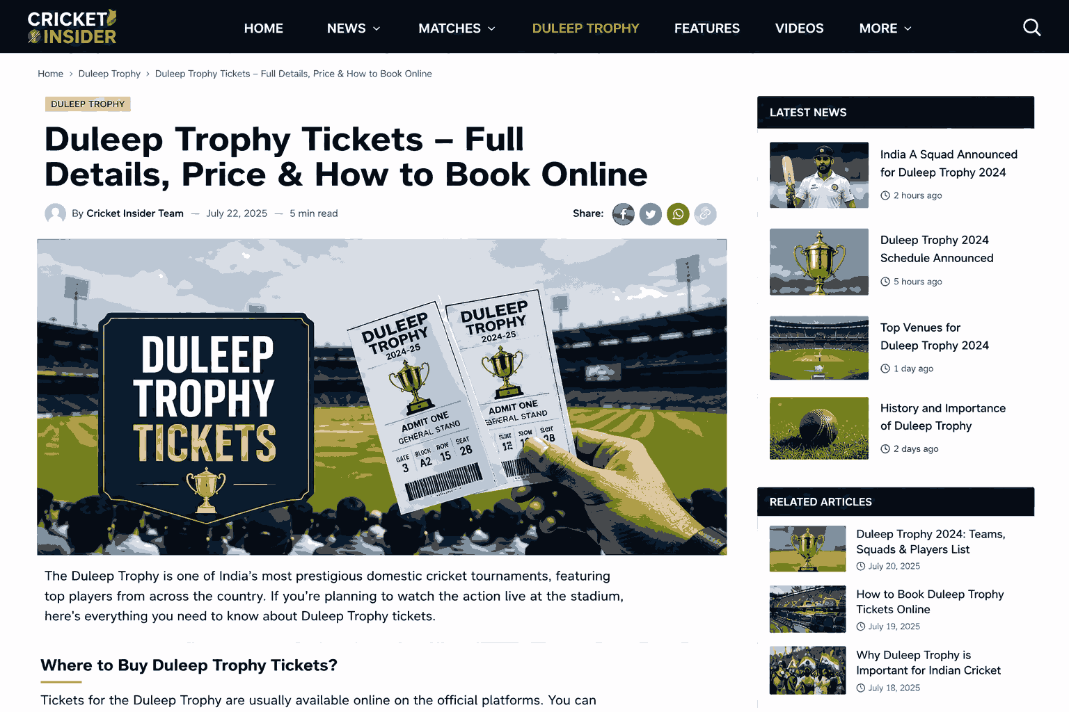 Duleep Trophy tickets